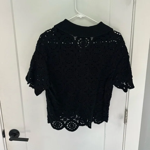 Crochet-Style Mosaic Tile Polo Black Shirt Medium Abercrombie & Fitch - Picture 3 of 4
